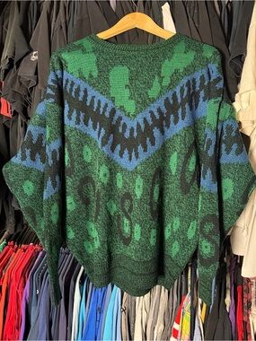 City Streets Abstract Knit Sweater Mens XL Green Blue Vintage 90s Streetwear